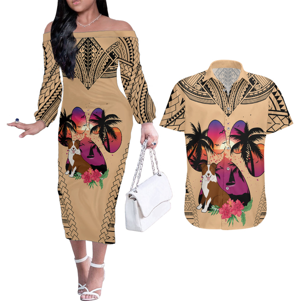 Polynesian Couples Matching Off The Shoulder Long Sleeve Dress and Hawaiian Shirt Dog Lover With Border Collie - Sunset At The Beach LT7 Coral - Polynesian Pride