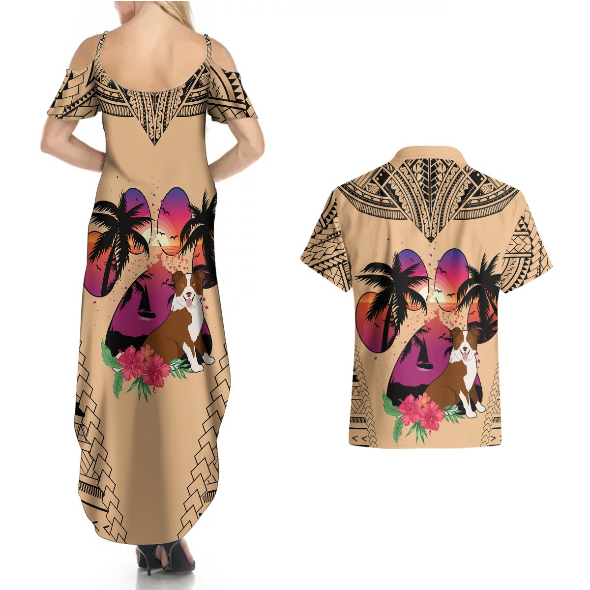 Polynesian Couples Matching Summer Maxi Dress and Hawaiian Shirt Dog Lover With Border Collie - Sunset At The Beach LT7 - Polynesian Pride
