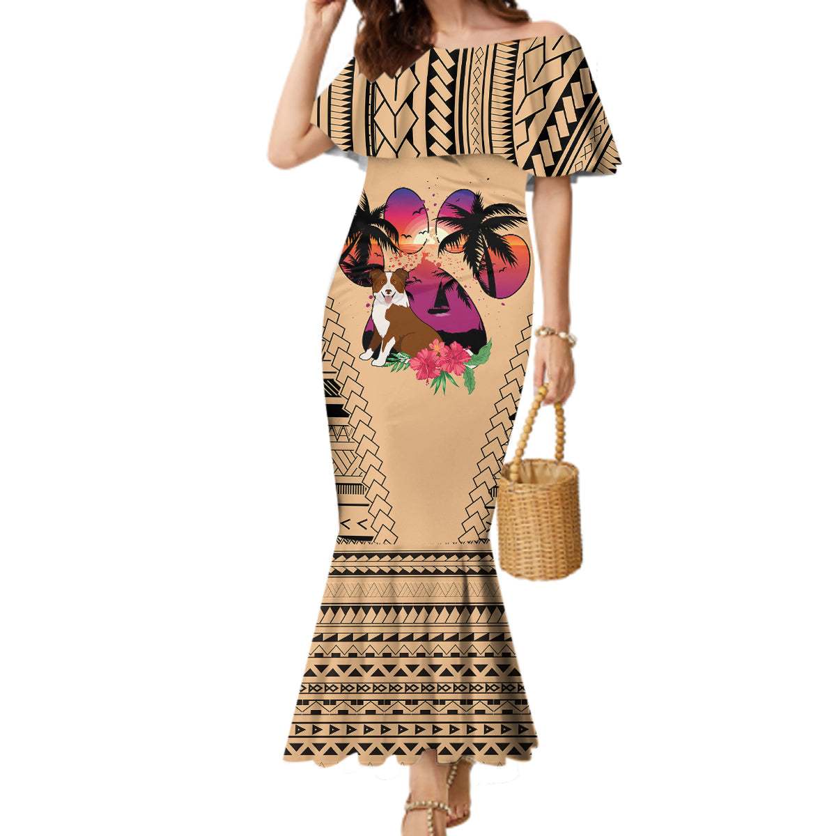 Polynesian Mermaid Dress Dog Lover With Border Collie - Sunset At The Beach LT7 Women Coral - Polynesian Pride