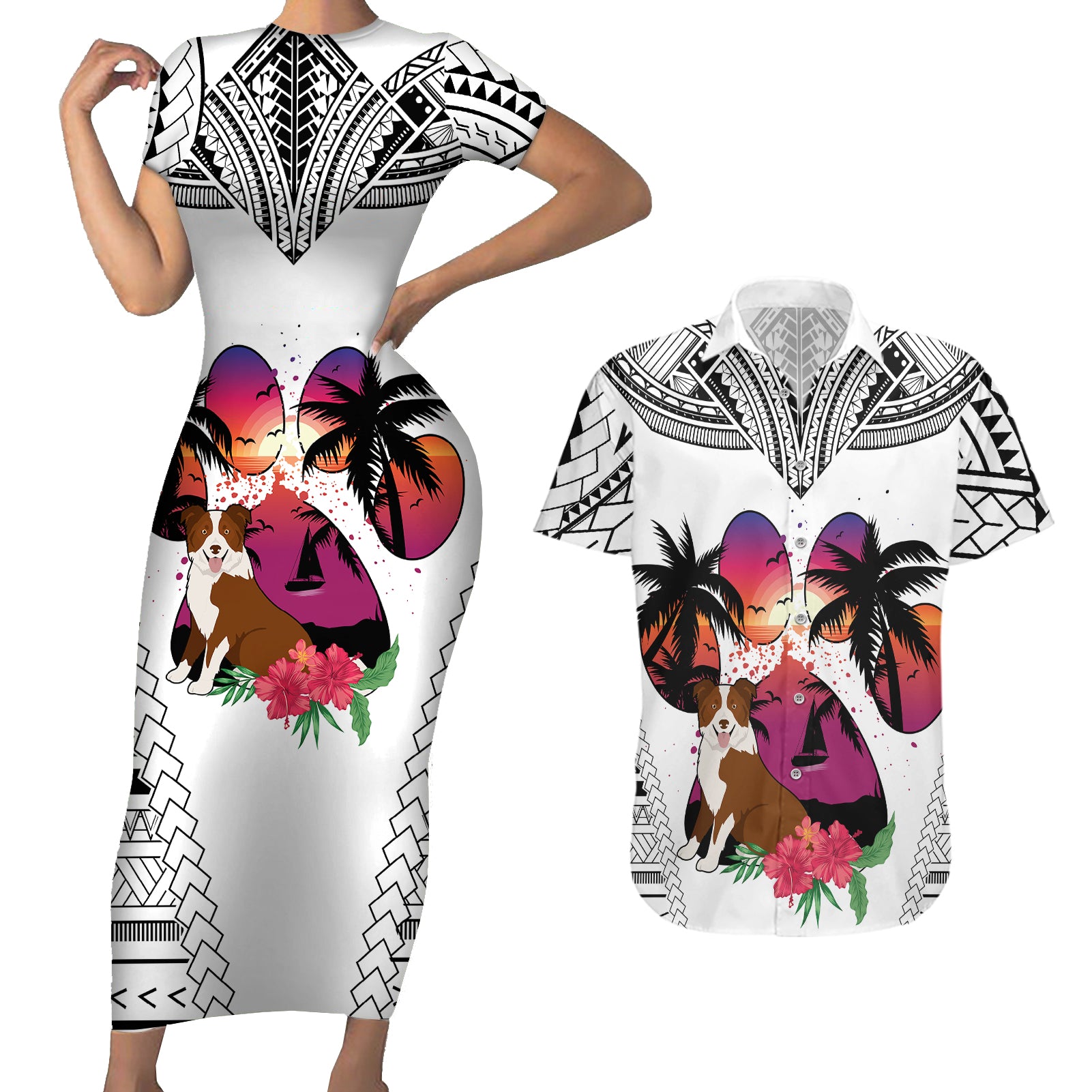 Polynesian Couples Matching Short Sleeve Bodycon Dress and Hawaiian Shirt Dog Lover With Border Collie - Sunset At The Beach White Ver LT7 White - Polynesian Pride