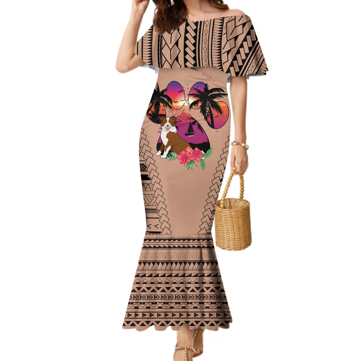 Polynesian Mermaid Dress Dog Lover With Border Collie - Sunset At The Beach Brown Ver LT7 Women Brown - Polynesian Pride