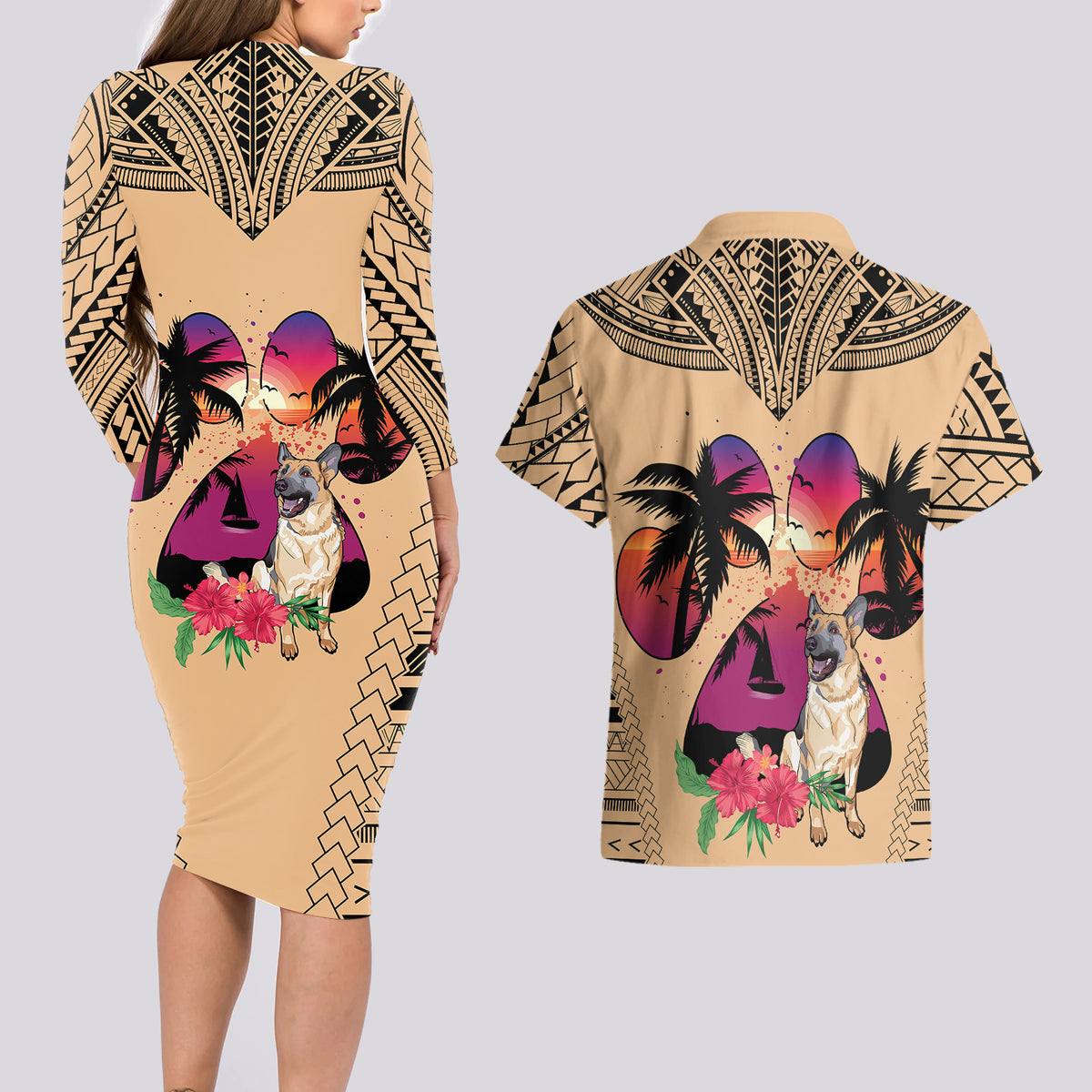 Polynesian Couples Matching Long Sleeve Bodycon Dress and Hawaiian Shirt Dog Lover With German Shepherd - Sunset At The Beach LT7 - Polynesian Pride