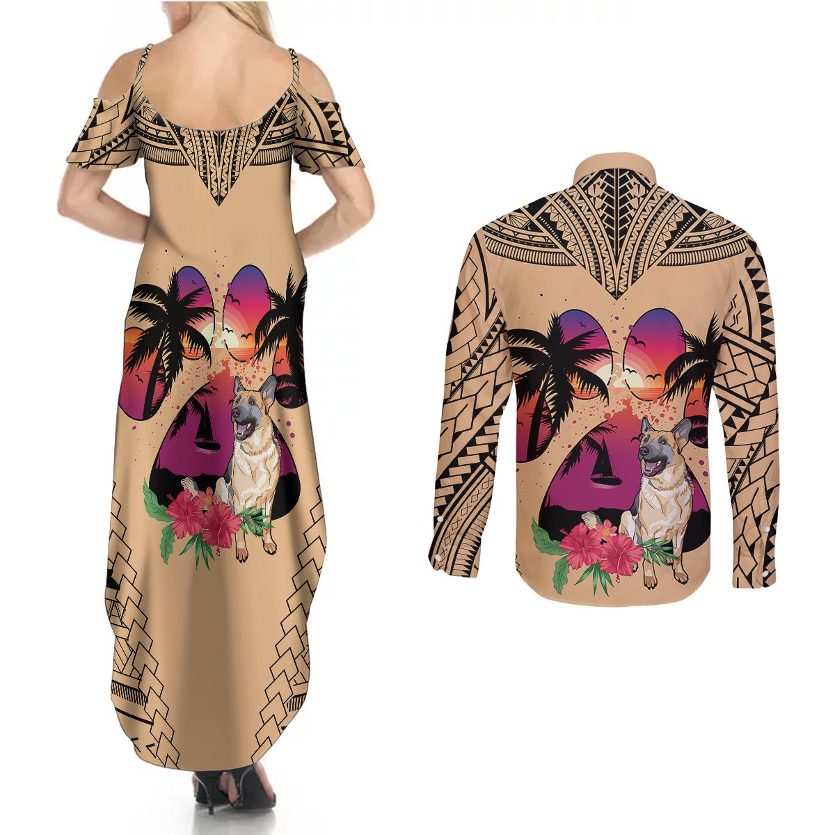 Polynesian Couples Matching Summer Maxi Dress and Long Sleeve Button Shirts Dog Lover With German Shepherd - Sunset At The Beach LT7 - Polynesian Pride