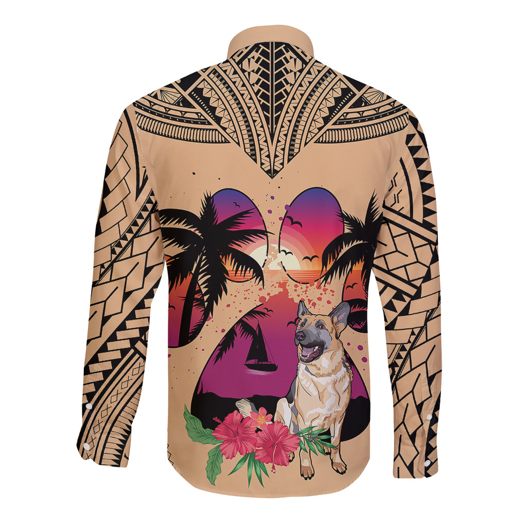 Polynesian Long Sleeve Button Shirt Dog Lover With German Shepherd - Sunset At The Beach LT7 - Polynesian Pride