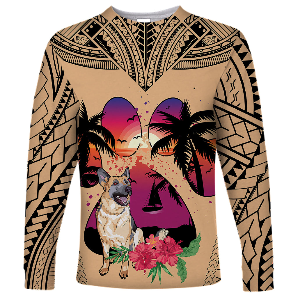 Polynesian Long Sleeve Shirt Dog Lover With German Shepherd - Sunset At The Beach LT7 Unisex Coral - Polynesian Pride