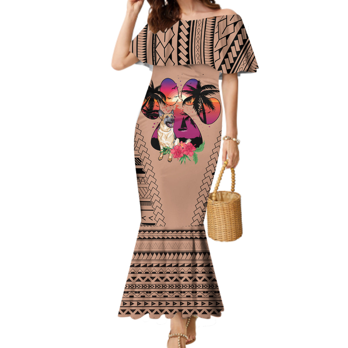 Polynesian Mermaid Dress Dog Lover With German Shepherd - Sunset At The Beach Brown Ver LT7 Women Brown - Polynesian Pride