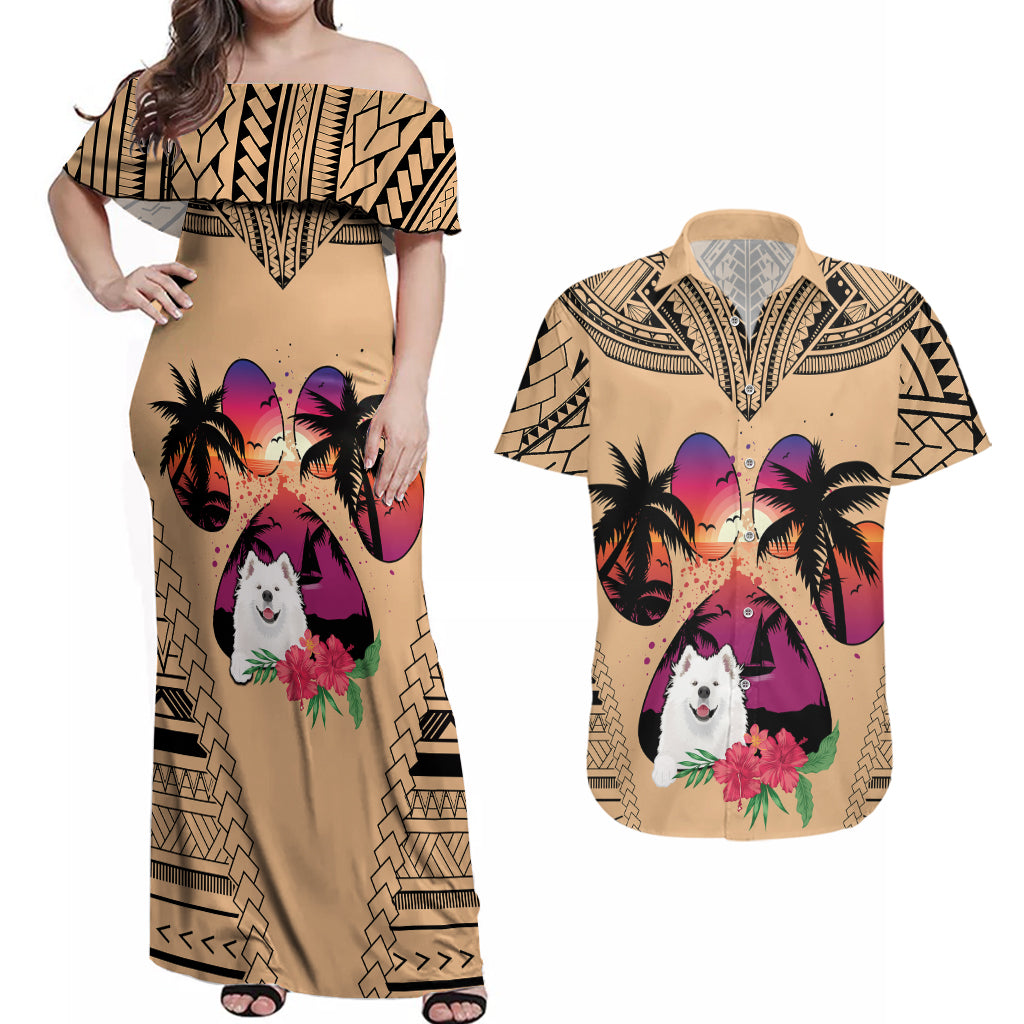 Polynesian Couples Matching Off Shoulder Maxi Dress and Hawaiian Shirt Dog Lover With Samoyed - Sunset At The Beach LT7 Coral - Polynesian Pride