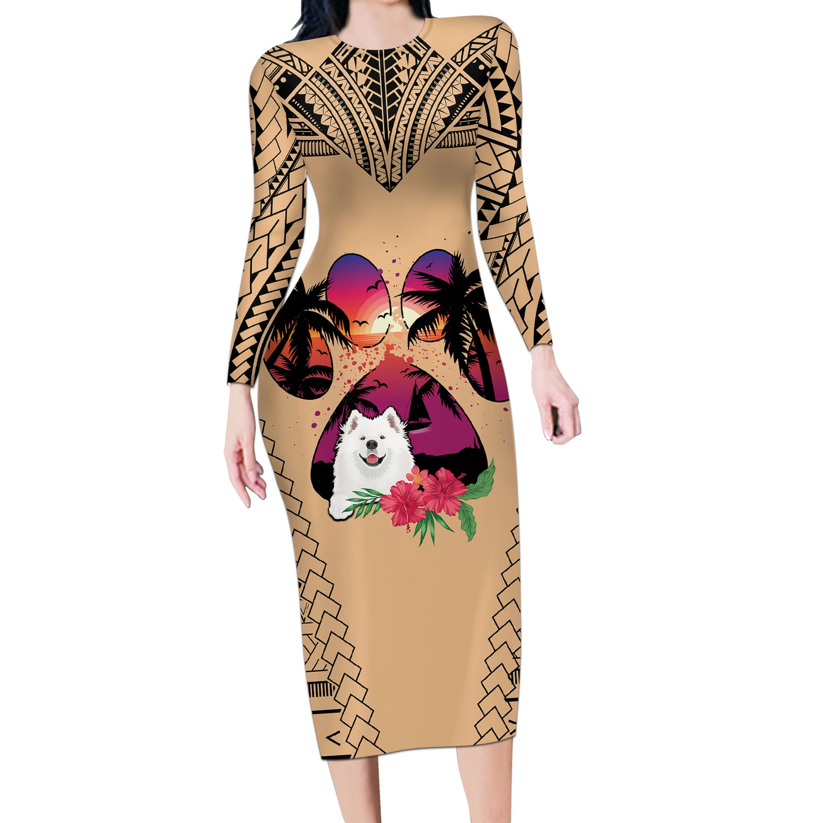 Polynesian Long Sleeve Bodycon Dress Dog Lover With Samoyed - Sunset At The Beach LT7 Long Dress Coral - Polynesian Pride