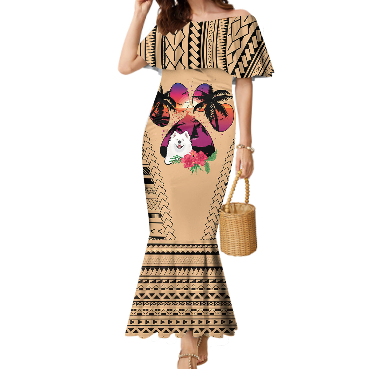 Polynesian Mermaid Dress Dog Lover With Samoyed - Sunset At The Beach LT7 Women Coral - Polynesian Pride