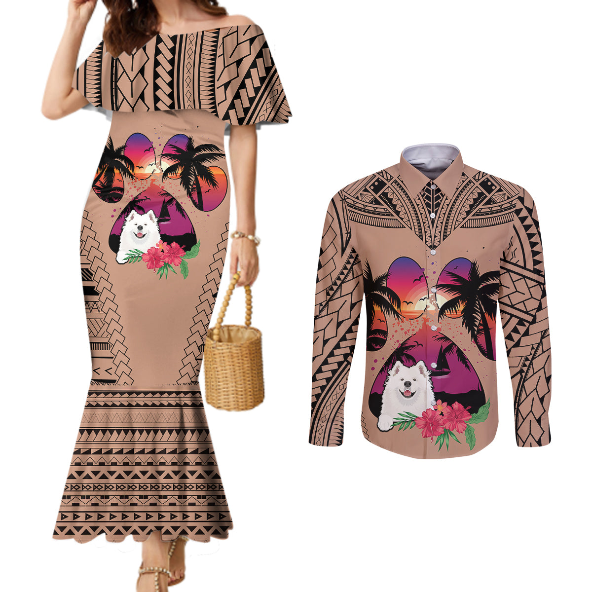 Polynesian Couples Matching Mermaid Dress and Long Sleeve Button Shirts Dog Lover With Samoyed - Sunset At The Beach Brown Ver LT7 Brown - Polynesian Pride