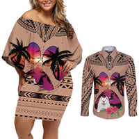 Polynesian Couples Matching Off Shoulder Short Dress and Long Sleeve Button Shirts Dog Lover With Samoyed - Sunset At The Beach Brown Ver LT7 Brown - Polynesian Pride