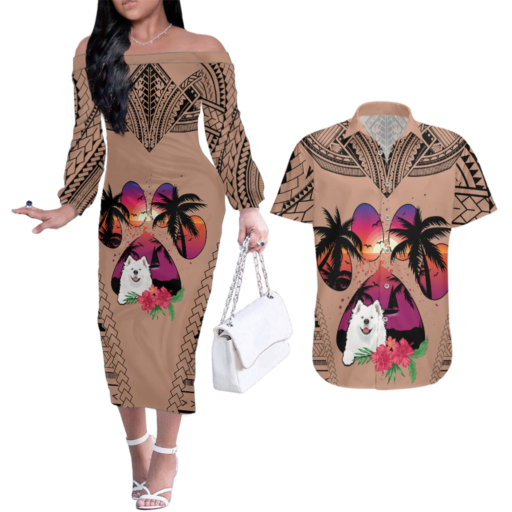 Polynesian Couples Matching Off The Shoulder Long Sleeve Dress and Hawaiian Shirt Dog Lover With Samoyed - Sunset At The Beach Brown Ver LT7 Brown - Polynesian Pride