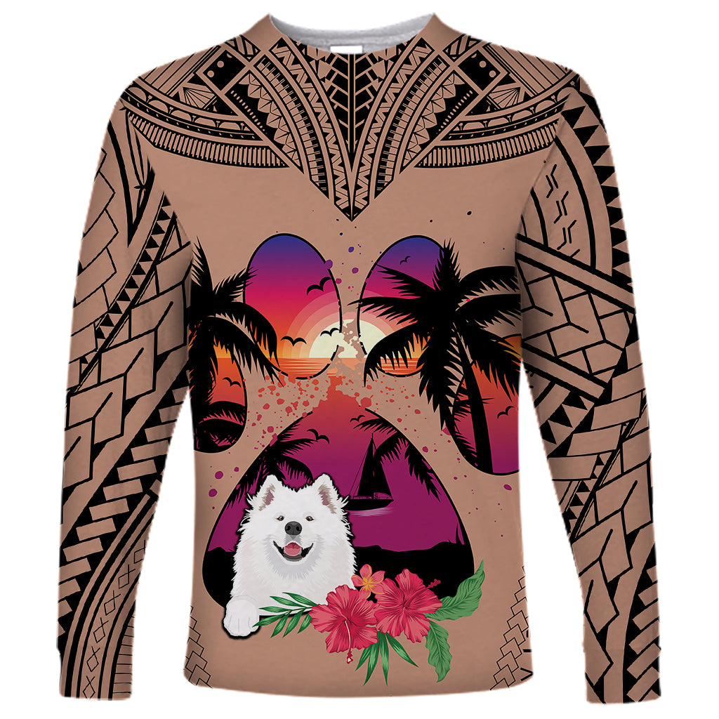 Polynesian Long Sleeve Shirt Dog Lover With Samoyed - Sunset At The Beach Brown Ver LT7 Unisex Brown - Polynesian Pride