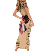 Polynesian Short Sleeve Bodycon Dress Dog Lover With Shiba Inu - Sunset At The Beach LT7 - Polynesian Pride