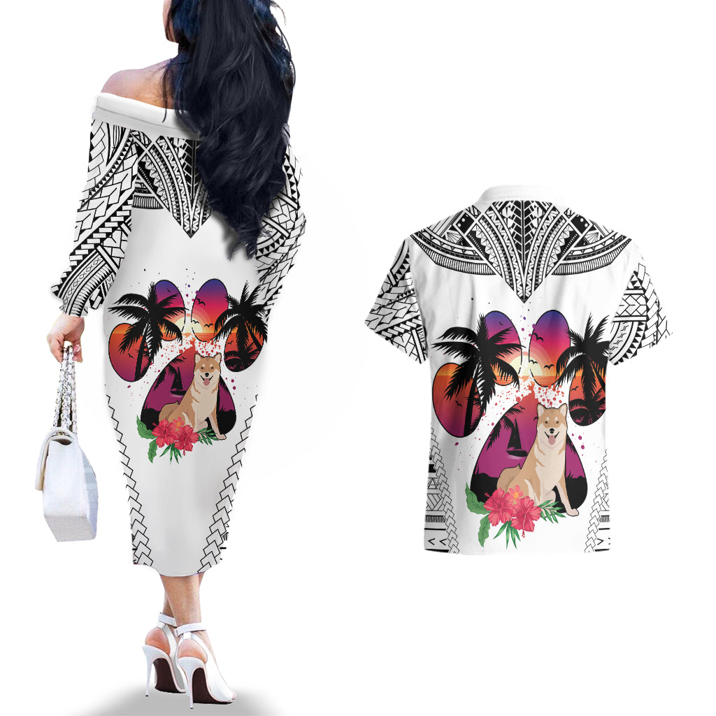 Polynesian Couples Matching Off The Shoulder Long Sleeve Dress and Hawaiian Shirt Dog Lover With Shiba Inu - Sunset At The Beach White Ver LT7 - Polynesian Pride