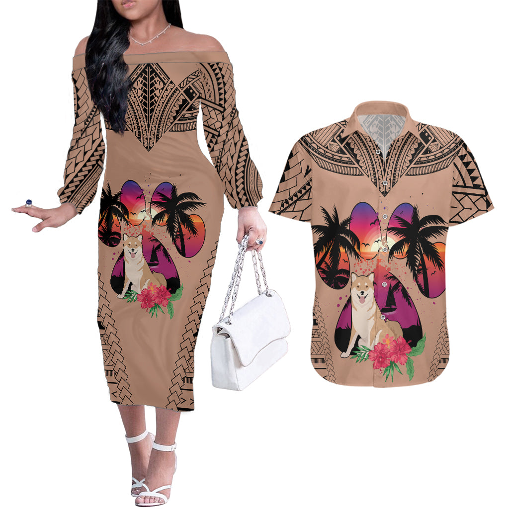 Polynesian Couples Matching Off The Shoulder Long Sleeve Dress and Hawaiian Shirt Dog Lover With Shiba Inu - Sunset At The Beach Brown Ver LT7 Brown - Polynesian Pride