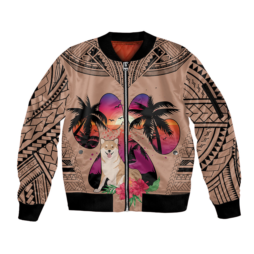 Polynesian Sleeve Zip Bomber Jacket Dog Lover With Shiba Inu - Sunset At The Beach Brown Ver LT7 Unisex Brown - Polynesian Pride