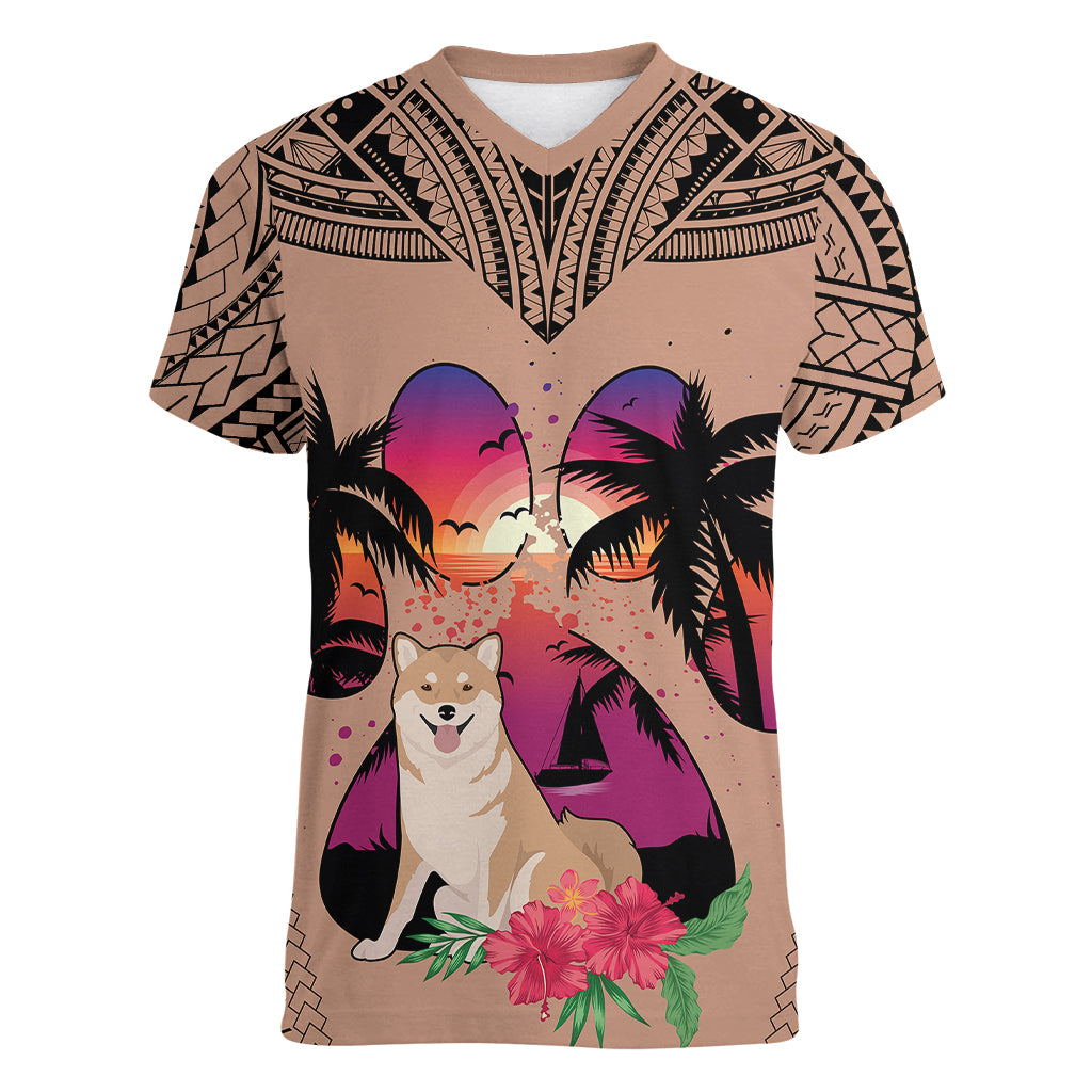 Polynesian Women V Neck T Shirt Dog Lover With Shiba Inu - Sunset At The Beach Brown Ver LT7 Female Brown - Polynesian Pride