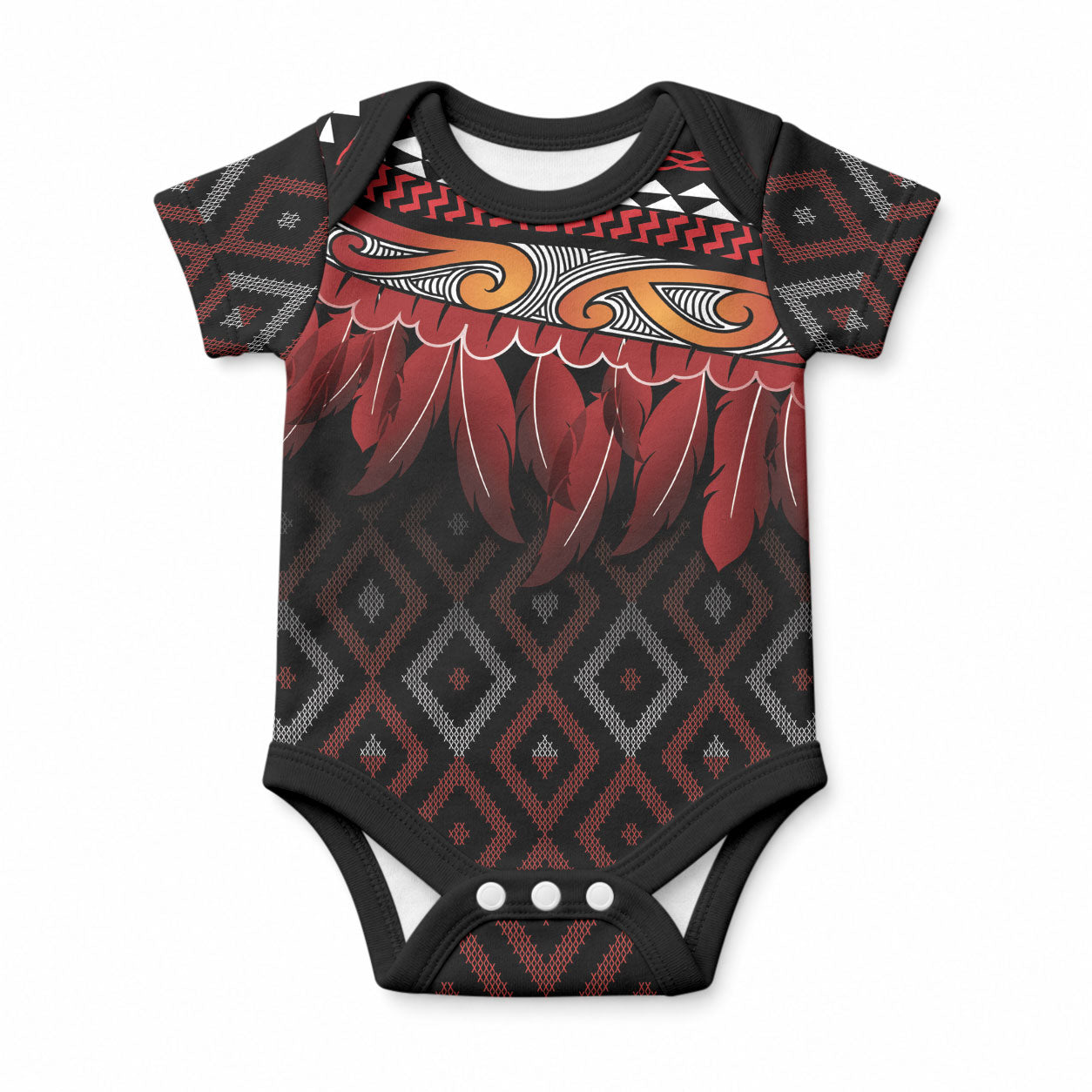 Aotearoa Maori Ngapuhi Iwi Baby Onesie Korowai Tukutuku Kaokao Motifs LT7 Black - Polynesian Pride