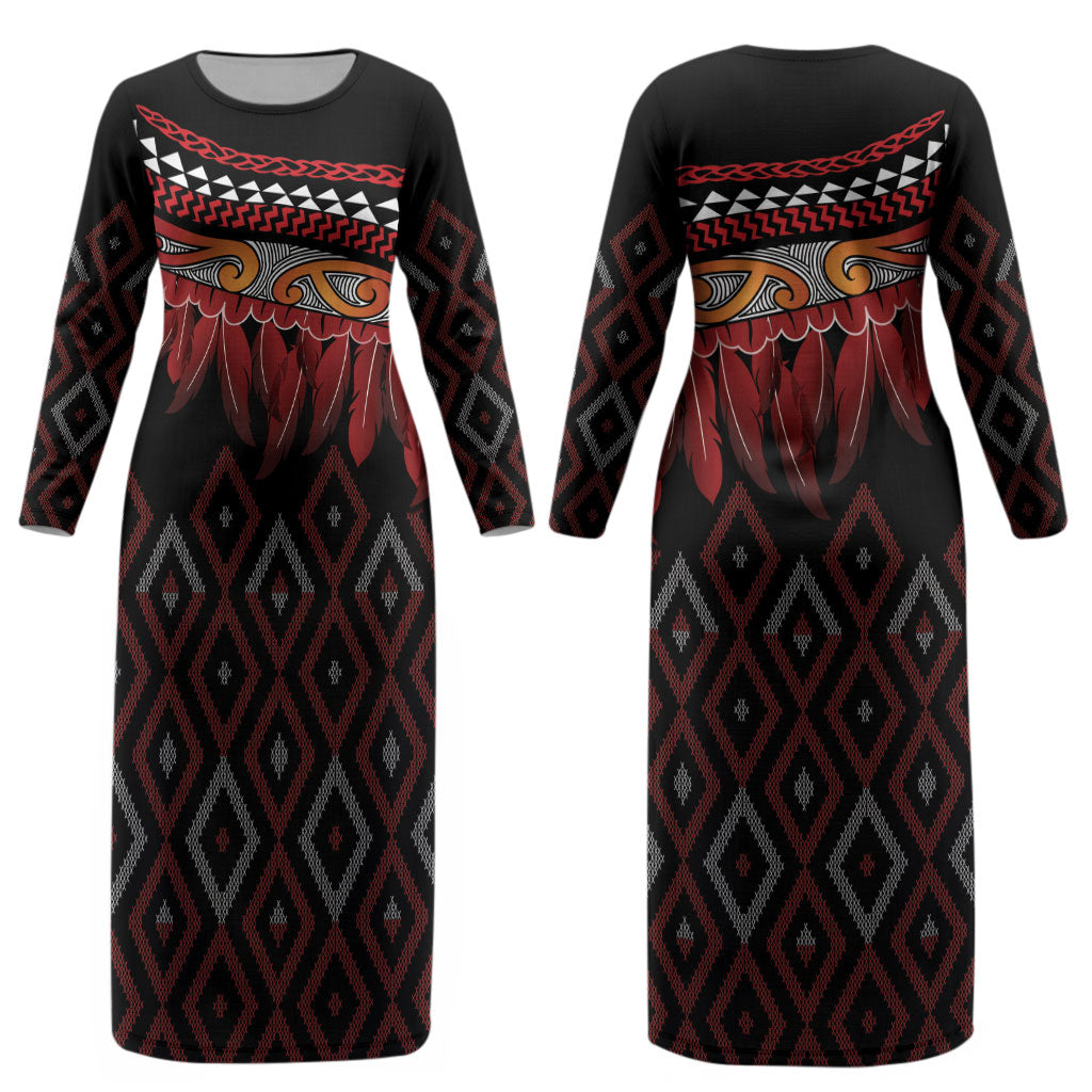 Aotearoa Maori Ngapuhi Iwi Couples Matching Long Sleeve Bodycon Dress and Hawaiian Shirt Korowai Tukutuku Kaokao Motifs