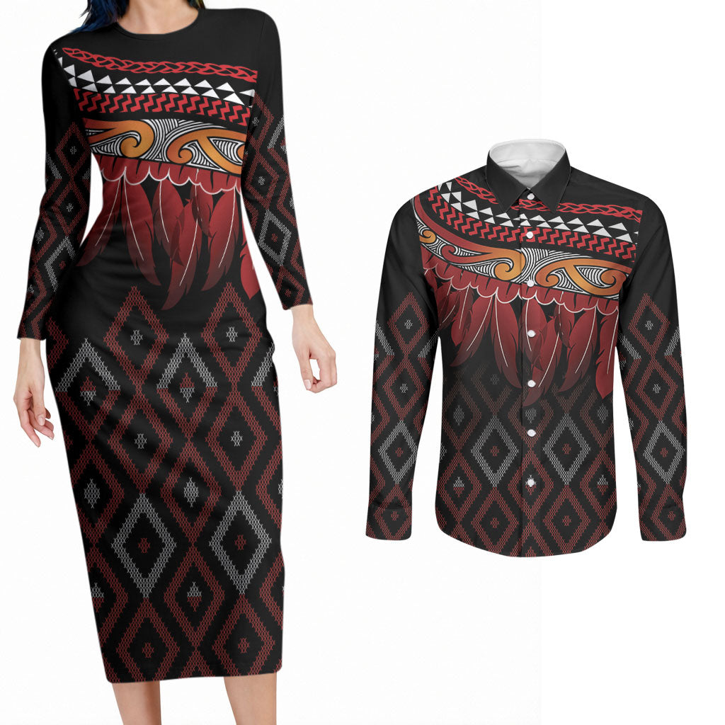 Aotearoa Maori Ngapuhi Iwi Couples Matching Long Sleeve Bodycon Dress and Long Sleeve Button Shirt Korowai Tukutuku Kaokao Motifs