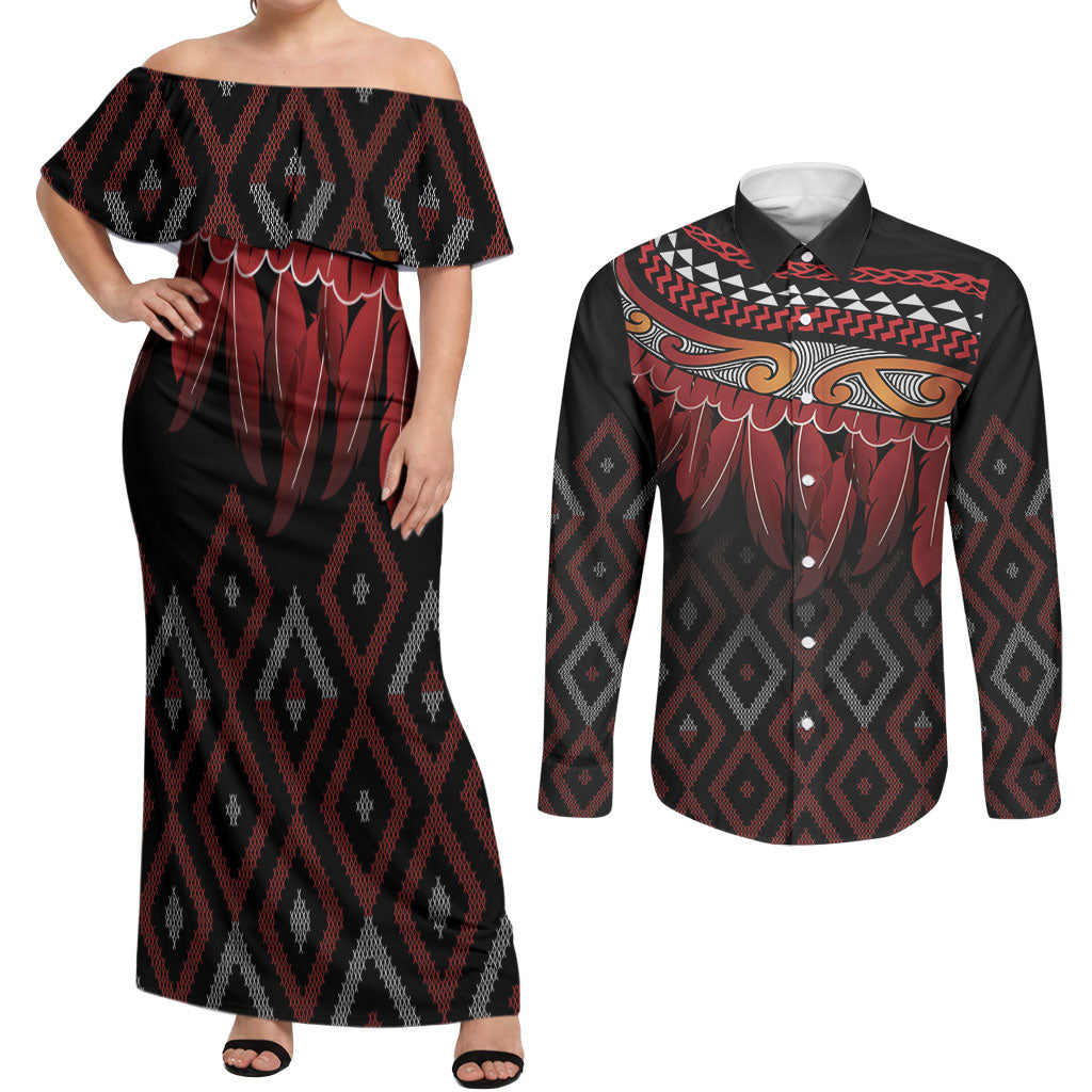 Aotearoa Maori Ngapuhi Iwi Couples Matching Off Shoulder Maxi Dress and Long Sleeve Button Shirt Korowai Tukutuku Kaokao Motifs