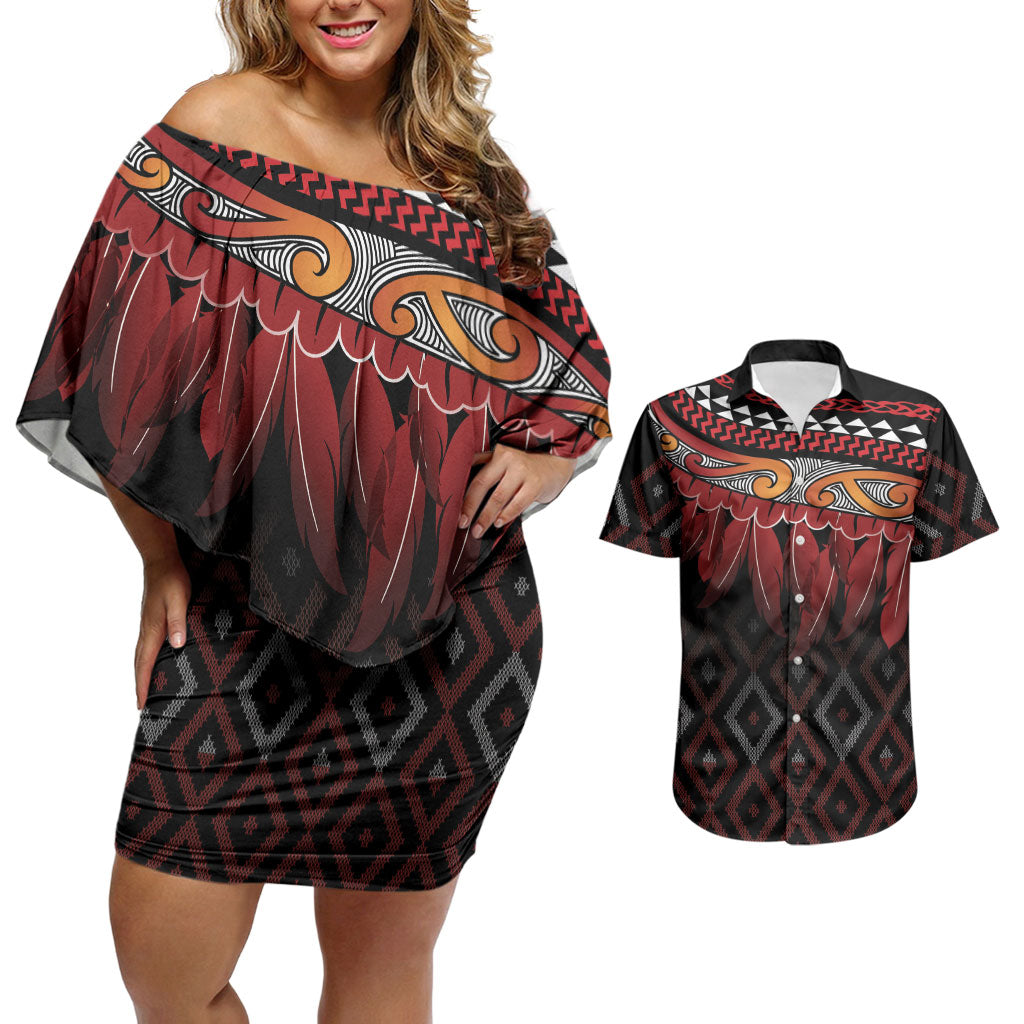Aotearoa Maori Ngapuhi Iwi Couples Matching Off Shoulder Short Dress and Hawaiian Shirt Korowai Tukutuku Kaokao Motifs