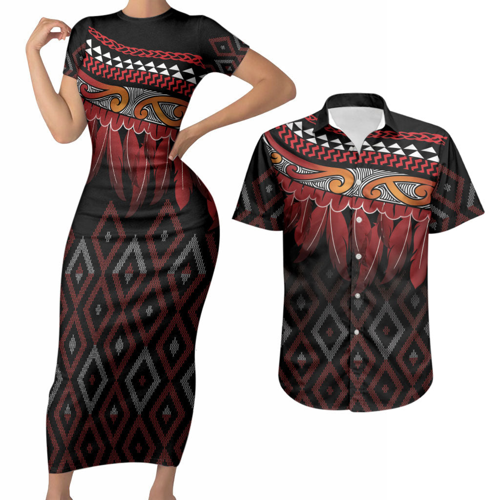 Aotearoa Maori Ngapuhi Iwi Couples Matching Short Sleeve Bodycon Dress and Hawaiian Shirt Korowai Tukutuku Kaokao Motifs