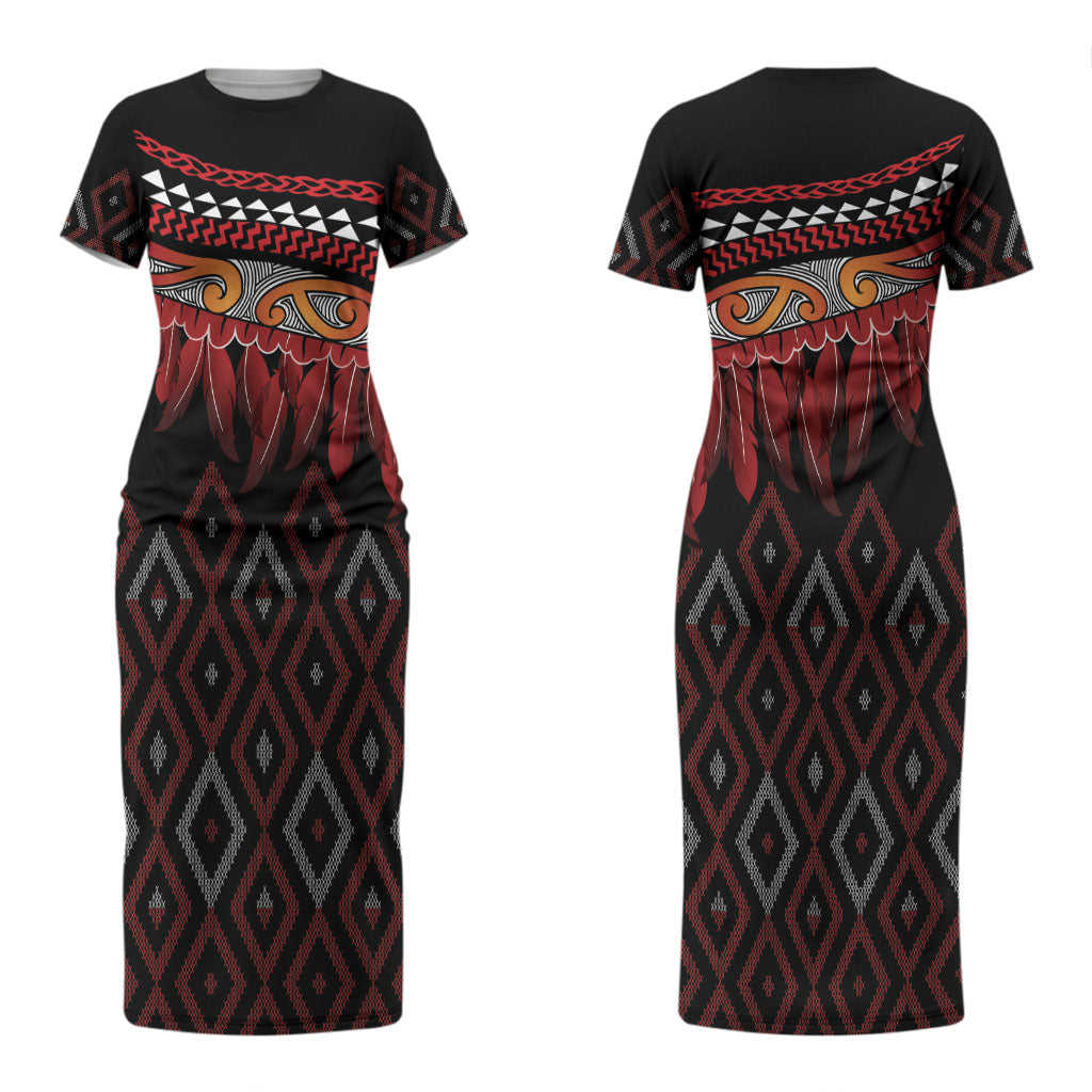 Aotearoa Maori Ngapuhi Iwi Couples Matching Short Sleeve Bodycon Dress and Long Sleeve Button Shirt Korowai Tukutuku Kaokao Motifs