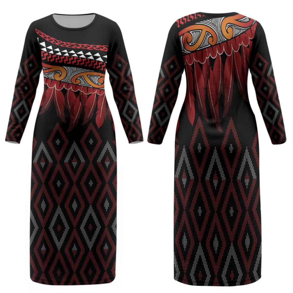 Aotearoa Maori Ngapuhi Iwi Family Matching Long Sleeve Bodycon Dress and Hawaiian Shirt Korowai Tukutuku Kaokao Motifs