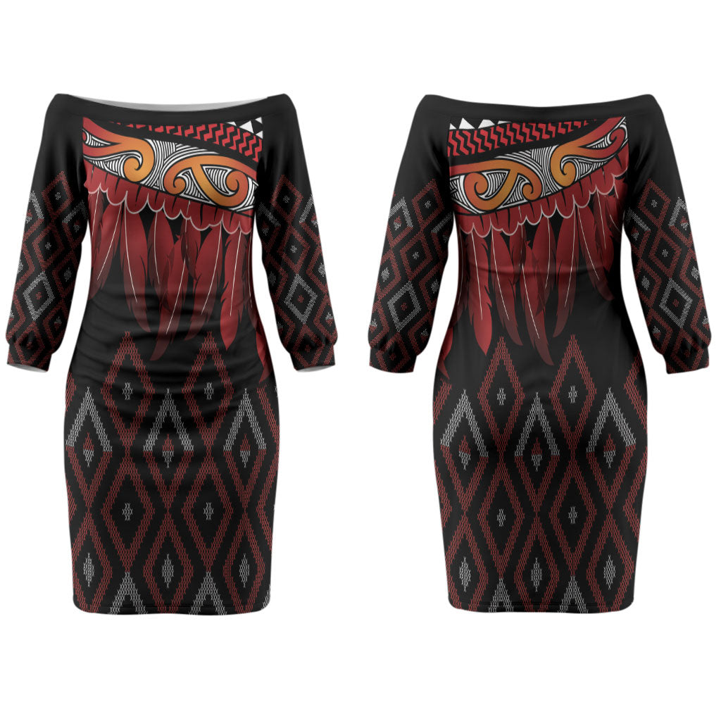 Aotearoa Maori Ngapuhi Iwi Family Matching Off The Shoulder Long Sleeve Dress and Hawaiian Shirt Korowai Tukutuku Kaokao Motifs