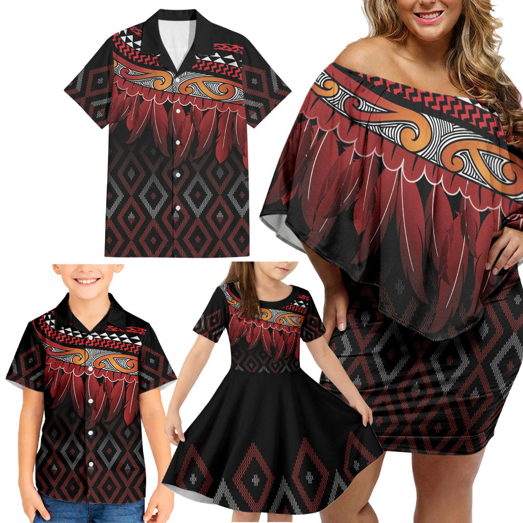 Aotearoa Maori Ngapuhi Iwi Family Matching Off Shoulder Short Dress and Hawaiian Shirt Korowai Tukutuku Kaokao Motifs