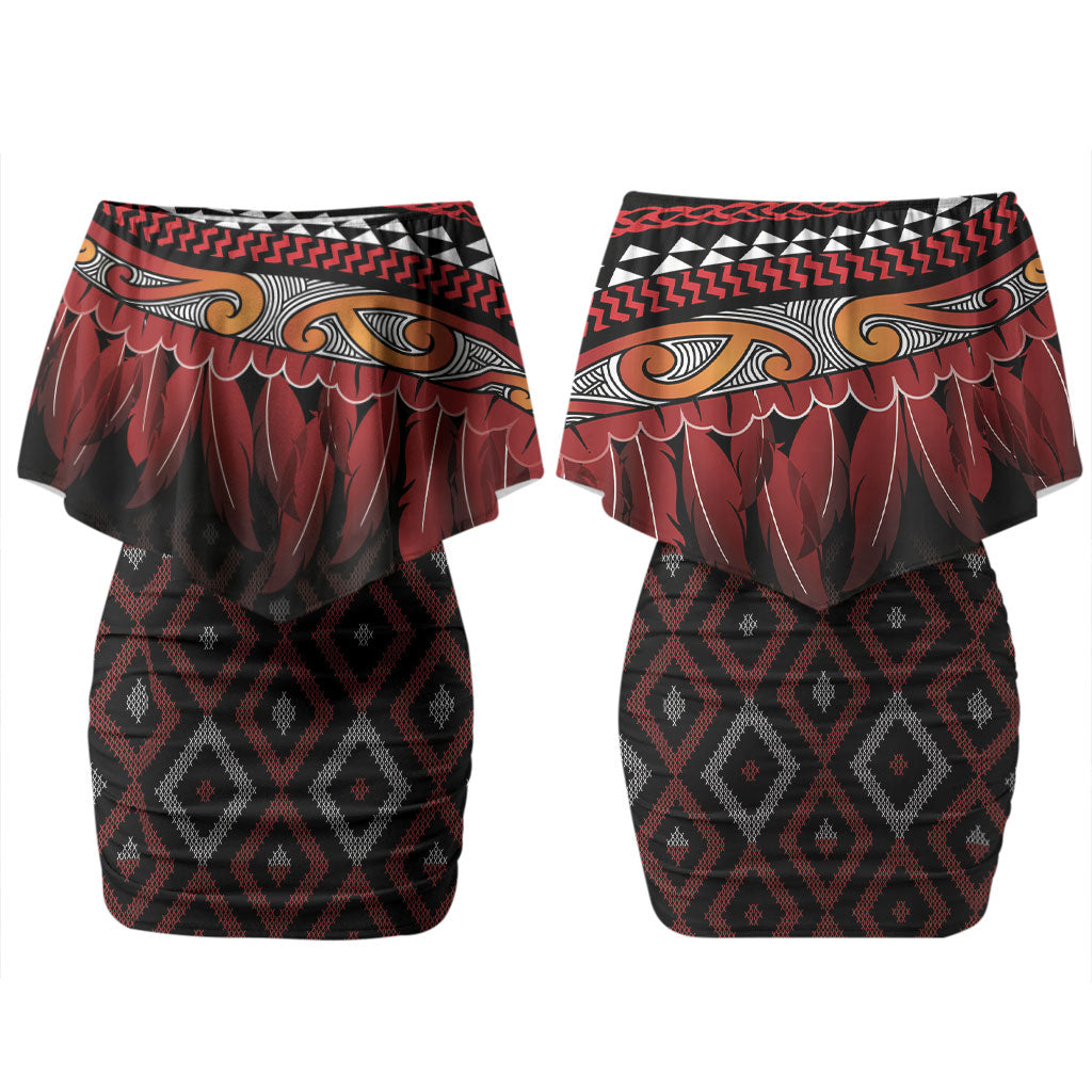 Aotearoa Maori Ngapuhi Iwi Family Matching Off Shoulder Short Dress and Hawaiian Shirt Korowai Tukutuku Kaokao Motifs