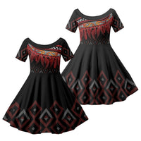 Aotearoa Maori Ngapuhi Iwi Family Matching Off Shoulder Short Dress and Hawaiian Shirt Korowai Tukutuku Kaokao Motifs