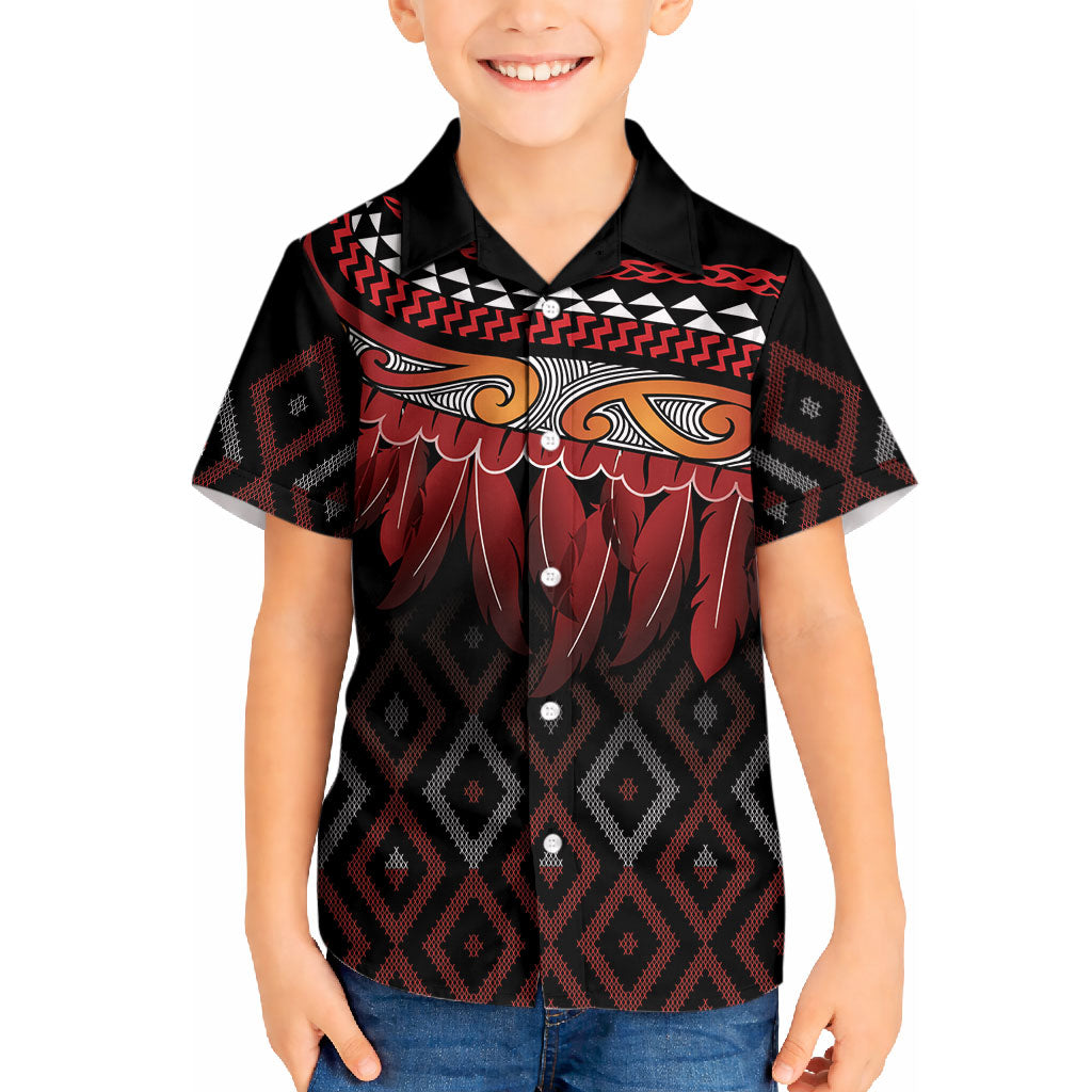 Aotearoa Maori Ngapuhi Iwi Kid Hawaiian Shirt Korowai Tukutuku Kaokao Motifs LT7 Kid Black - Polynesian Pride