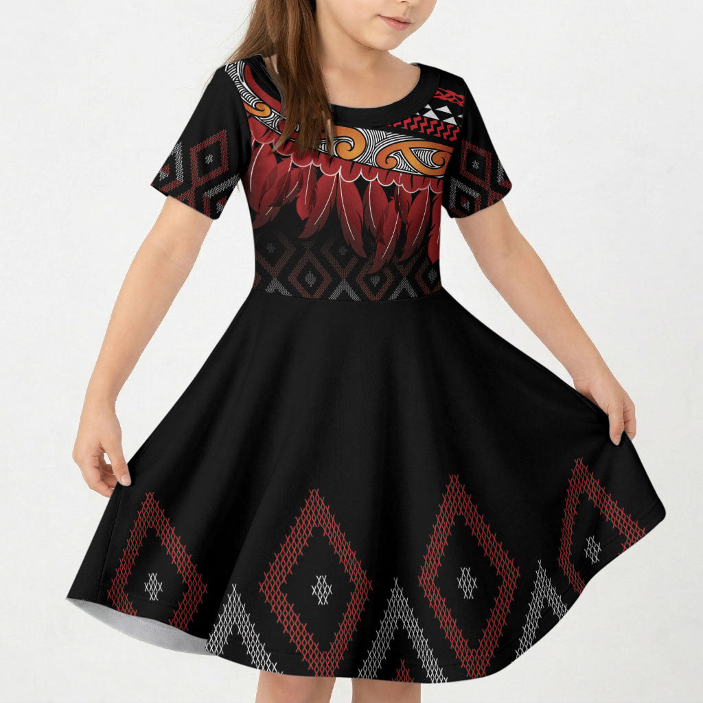 Aotearoa Maori Ngapuhi Iwi Kid Short Sleeve Dress Korowai Tukutuku Kaokao Motifs LT7 KID Black - Polynesian Pride