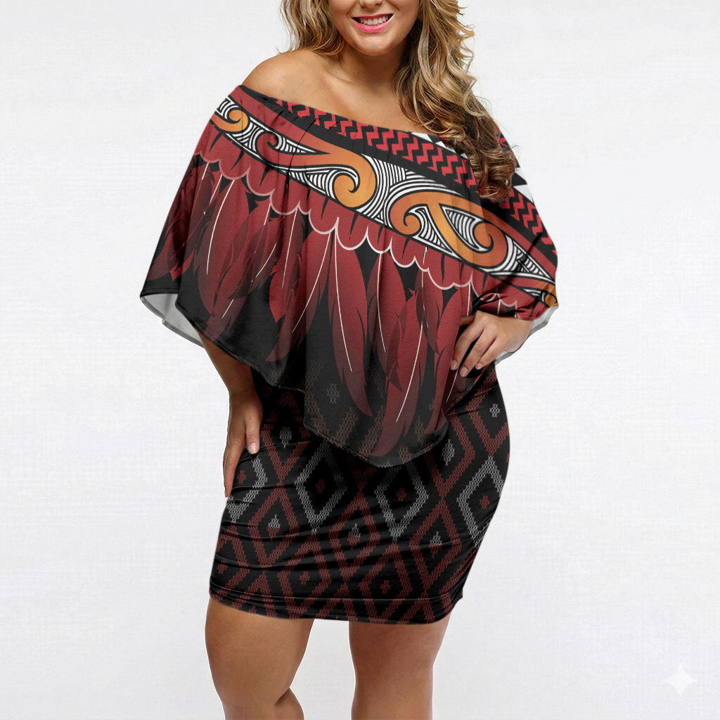 Aotearoa Maori Ngapuhi Iwi Off Shoulder Short Dress Korowai Tukutuku Kaokao Motifs