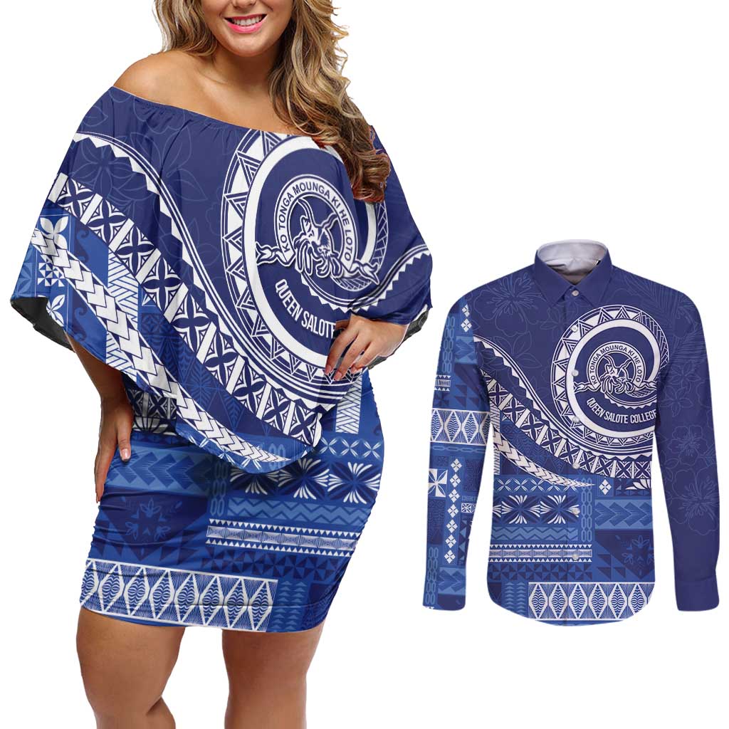Queen Salote College 100th Anniversary Couples Matching Off Shoulder Short Dress and Long Sleeve Button Shirt QSC Royal Girls - Polynesian Pride
