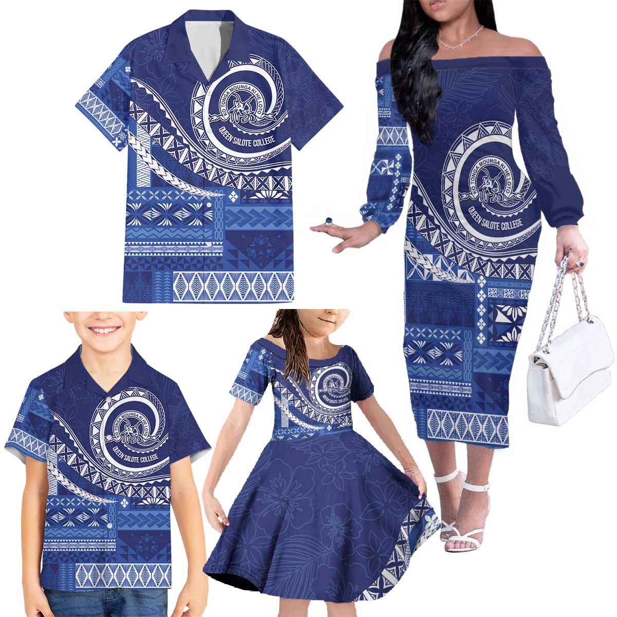 Queen Salote College 100th Anniversary Family Matching Off The Shoulder Long Sleeve Dress and Hawaiian Shirt QSC Royal Girls - Polynesian Pride
