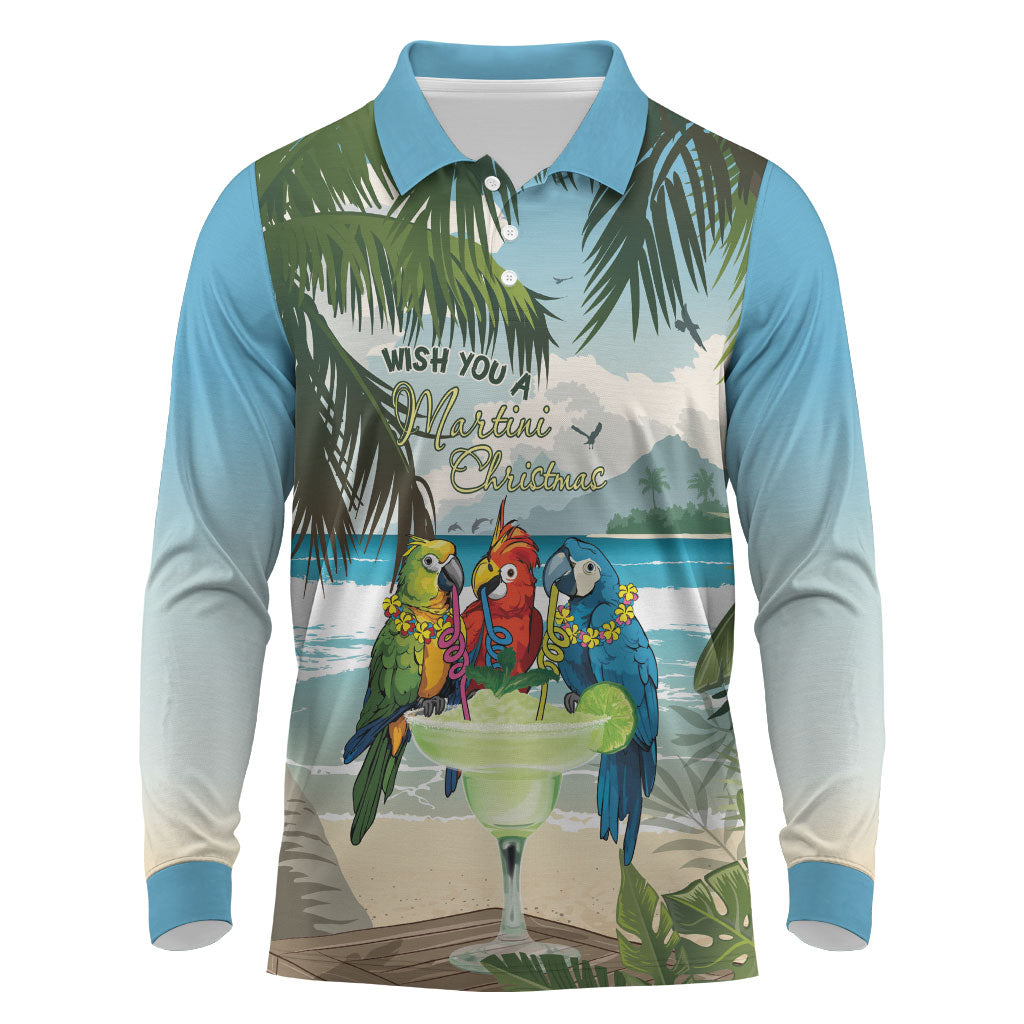 Wish You A Merry Martini Christmas Long Sleeve Polo Shirt Cocktail Parrot-dise