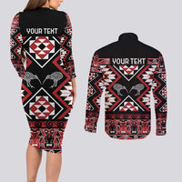 Personalised Taniko Motifs Aotearoa Couples Matching Long Sleeve Bodycon Dress and Long Sleeve Button Shirt Waitangi Kowhaiwhai Kiwi