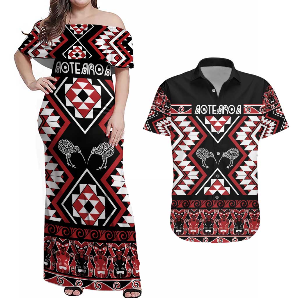 Personalised Taniko Motifs Aotearoa Couples Matching Off Shoulder Maxi Dress and Hawaiian Shirt Waitangi Kowhaiwhai Kiwi