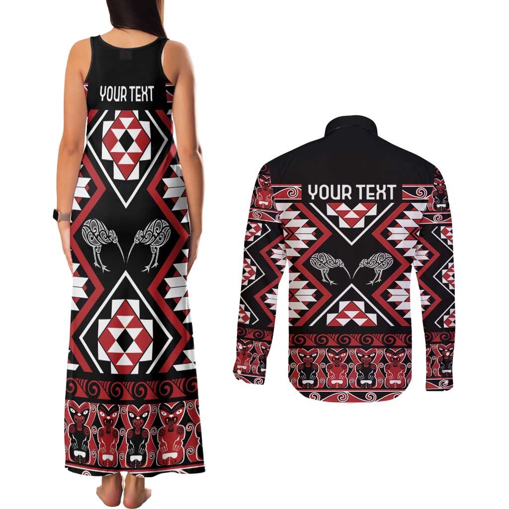 Personalised Taniko Motifs Aotearoa Couples Matching Tank Maxi Dress and Long Sleeve Button Shirt Waitangi Kowhaiwhai Kiwi