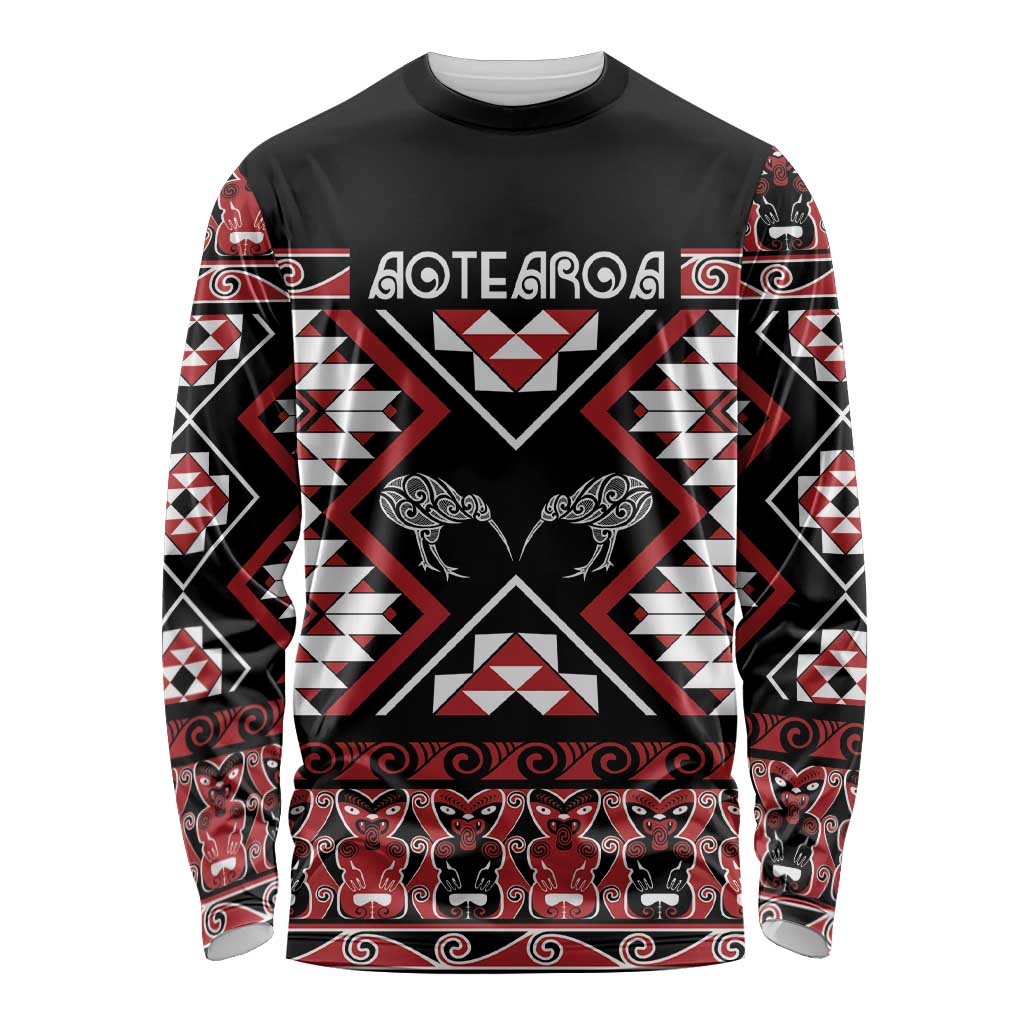 Personalised Taniko Motifs Aotearoa Long Sleeve Shirt Waitangi Kowhaiwhai Kiwi