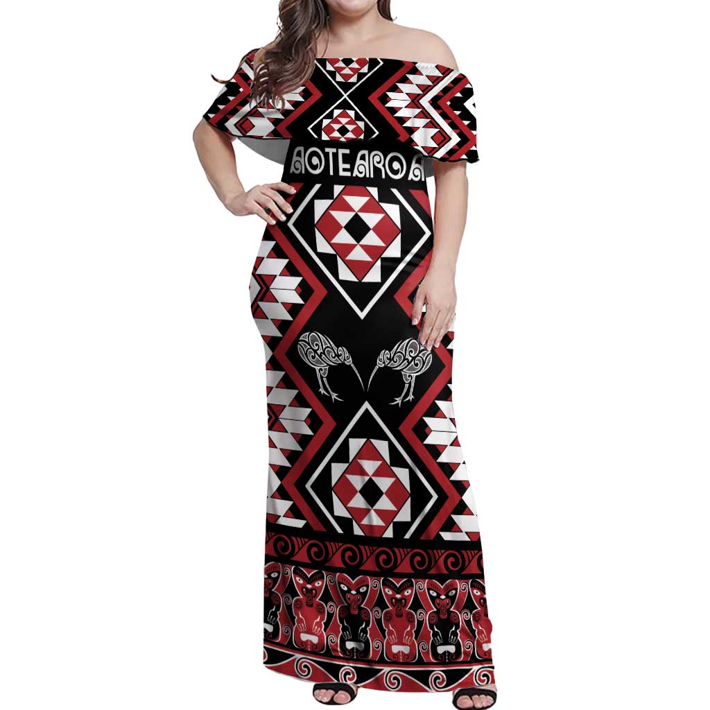 Personalised Taniko Motifs Aotearoa Off Shoulder Maxi Dress Waitangi Kowhaiwhai Kiwi