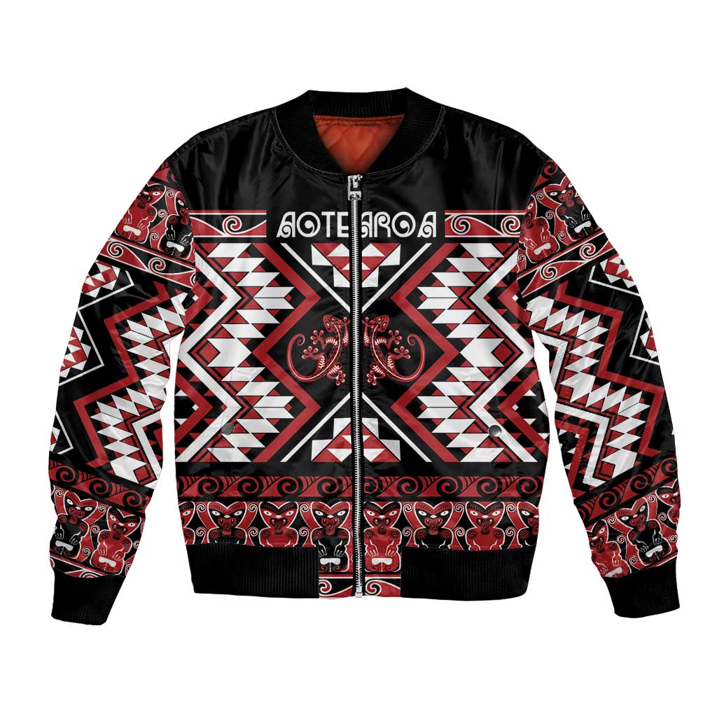 Personalised Aotearoa Waitangi Bomber Jacket Taniko Motifs - Mania Gecko