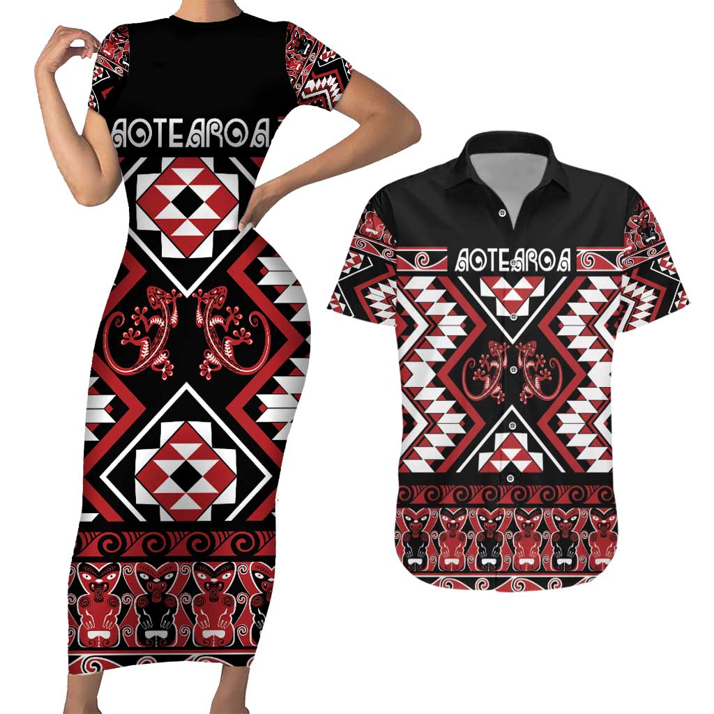 Personalised Aotearoa Waitangi Couples Matching Short Sleeve Bodycon Dress and Hawaiian Shirt Taniko Motifs - Mania Gecko