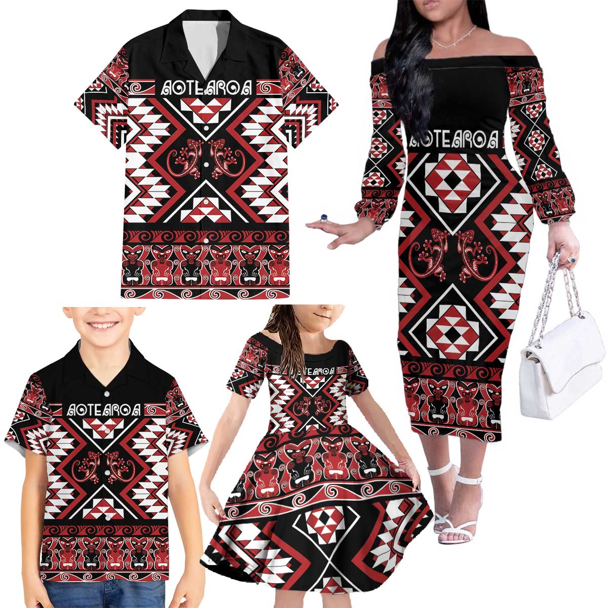 Personalised Aotearoa Waitangi Family Matching Off The Shoulder Long Sleeve Dress and Hawaiian Shirt Taniko Motifs - Mania Gecko