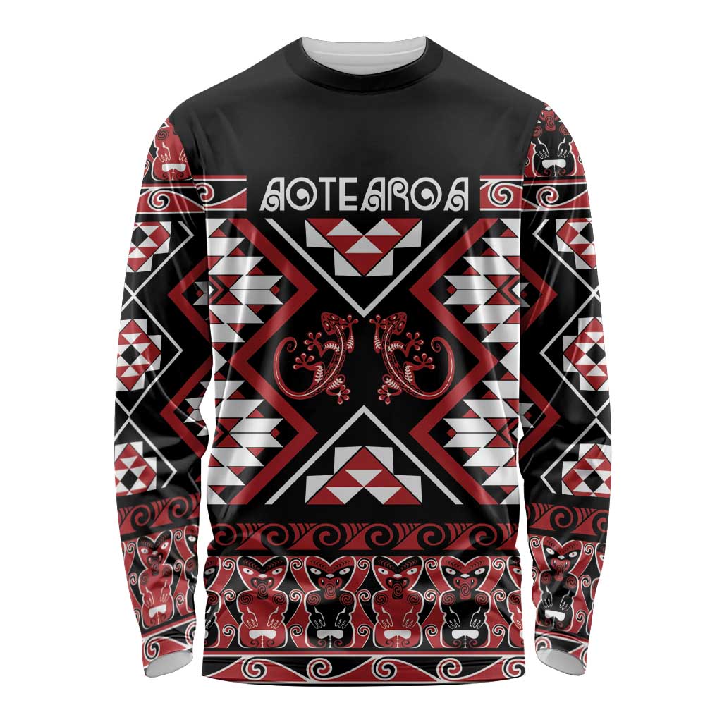 Personalised Aotearoa Waitangi Long Sleeve Shirt Taniko Motifs - Mania Gecko