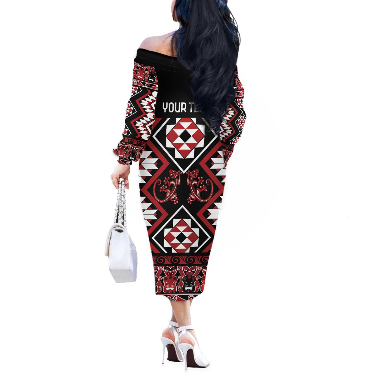 Personalised Aotearoa Waitangi Off The Shoulder Long Sleeve Dress Taniko Motifs - Mania Gecko LT7 - Polynesian Pride